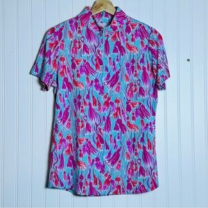 IBKÜL short-sleeve quarter-zip polo shirt in a pink and blue tassel print Size M